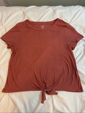 Junior Pink Rust Knot-Front Ribbed Tee